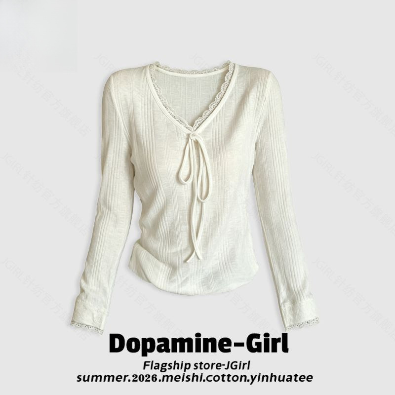Lace-trimmed V-neck long-sleeve cotton top, new autumn style, sweet and simple design, with a tie detail, slim fit, and flattering silhouette