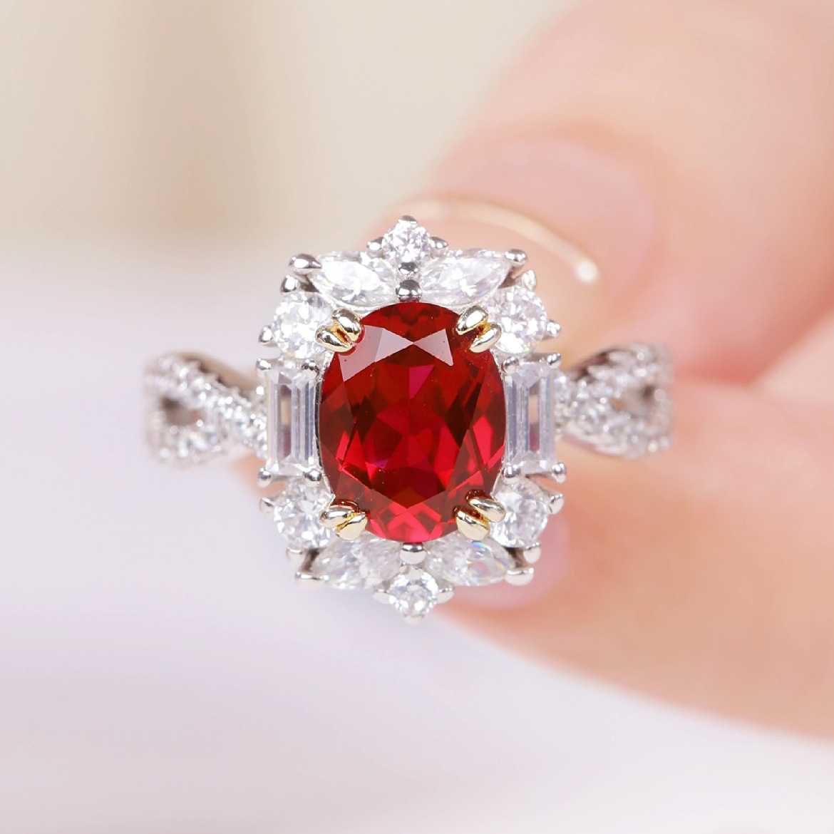 Live New 3 Carat Artificial Ruby For Women Moissanite Pigeon Egg Diamond Ring High-end Design Gemstone_voghion.com