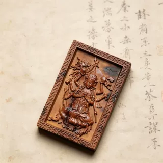天然雷击枣木精雕斗姆元君道家平安无事牌吊坠四大神兽款带绳发货