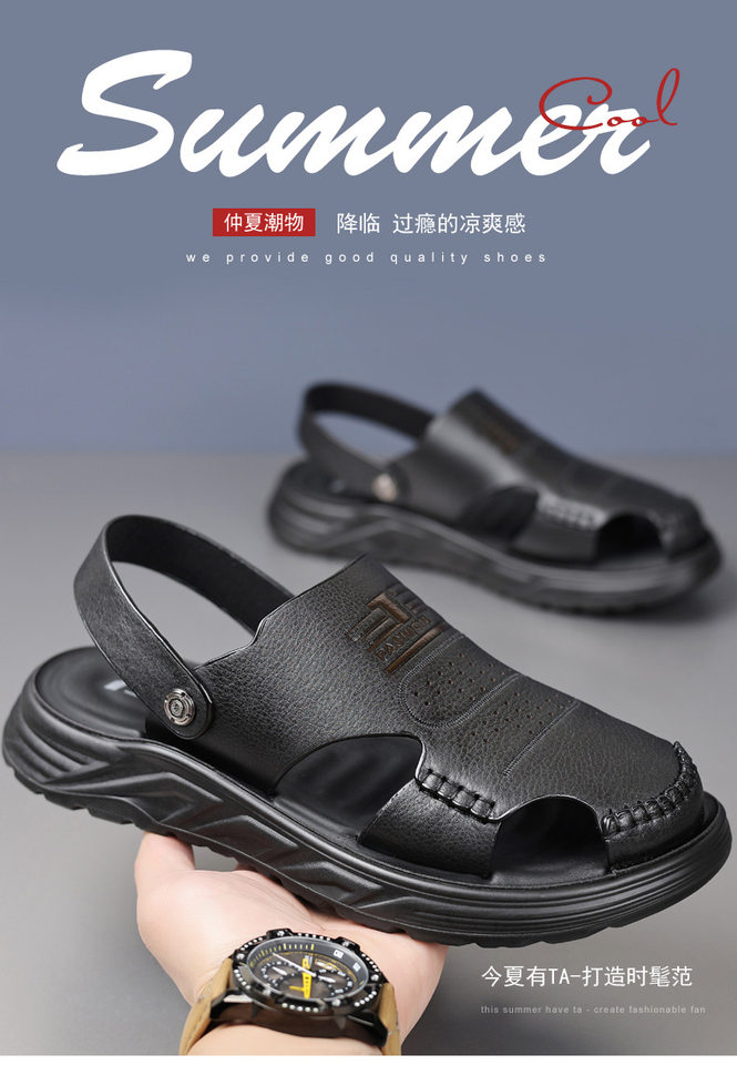 Dép sandal nam bít mũi da bò lớp đầu đế dày thoáng khí gót 3 cm — Màu nâu, Màu đen chi tiết 3