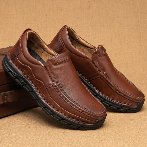 Broad-toe business formal first-layer cowhide men's casual leather shoes, soft leather soft-soled toe-on-line thick-soled leather shoes for men