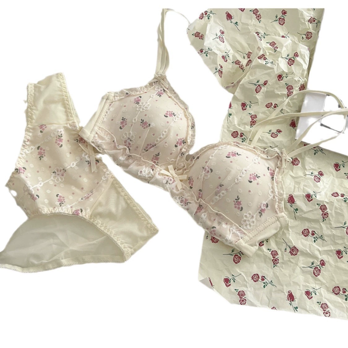 Lace underwear, breathable supporting push up bra, floral print, beautiful back
