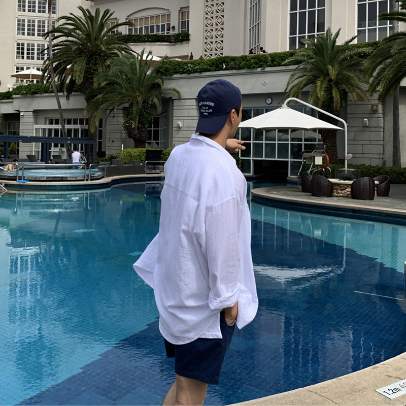 Asclo color sólido manga larga camisa de lino juventud estilo coreano alto sentido superior suelta verano delgada chaqueta