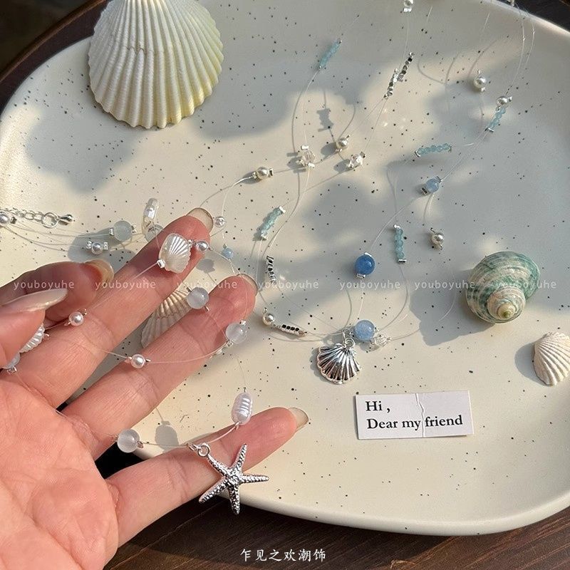 海風を吹きながら~女性用の小さな新鮮なヒトデの貝殻のネックレス、多層のパールの海辺の旅行や休暇の鎖骨チェーン|undefined