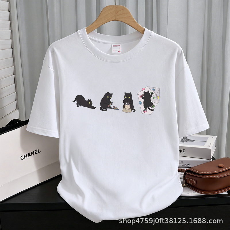 Cartoon Little Black Cat Climbing Evolution Print T-Shirt Unisex Loose Short Sleeve 260g Cotton Wholesale M0628-2