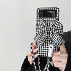 適用三星zflip3-4黑白千鳥格手提繩蝴蝶結花朵個性歐美潮牌保護套