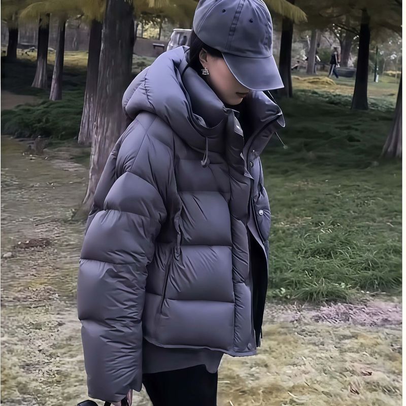 平湖羽绒服女2025冬季新款短款连帽宽松面包服加厚白鸭绒保暖外套|undefined