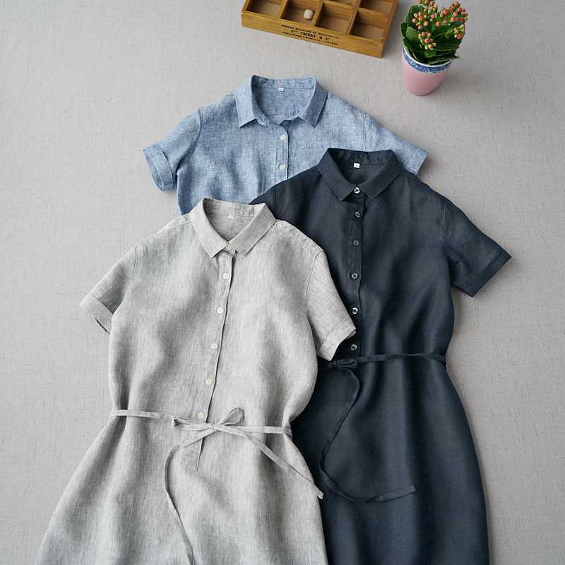2025 Summer Linen Half-Buttoned Waist-Tie Short-Sleeved Dress Mid-Length Linen Skirt Comfortable Robe