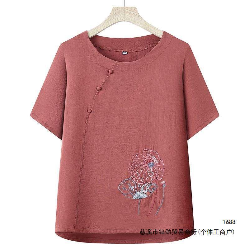 Summer clothing for middle-aged and elderly women, cotton-linen short-sleeve T-shirts, stylish tops for elderly ladies, mother's outfits, embroidered blouses