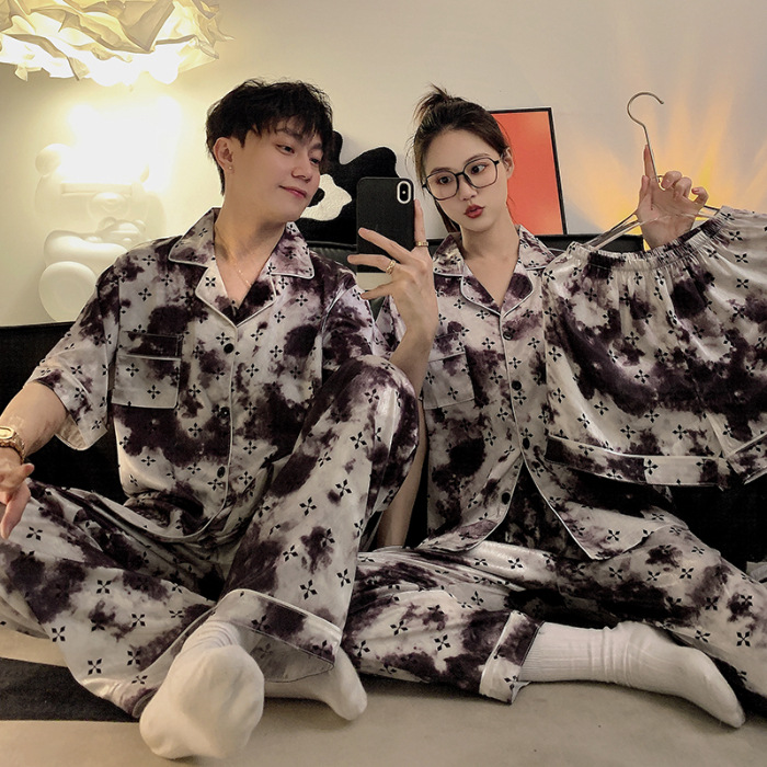 2024 nuevo pijama de pareja de verano seda hielo manga corta conjunto de tres piezas de alta sensación de ropa de verano para hombres y mujeres