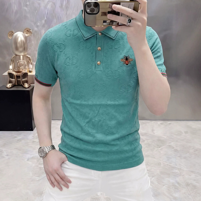 Knitted Short-Sleeve T-Shirt for Men, High-End European Style, Yili Te Ice Silk Polo Shirt, Summer Thin Embroidered Bee Design, Turn-Down Collar Half-Sleeve Knitted Short-Sleeve T-Shirt for Men, High-End European Style, Yili Te Ice Silk Polo Shirt, Summer Thin Embroidered Bee Design, Turn-Down Collar Half-Sleeve