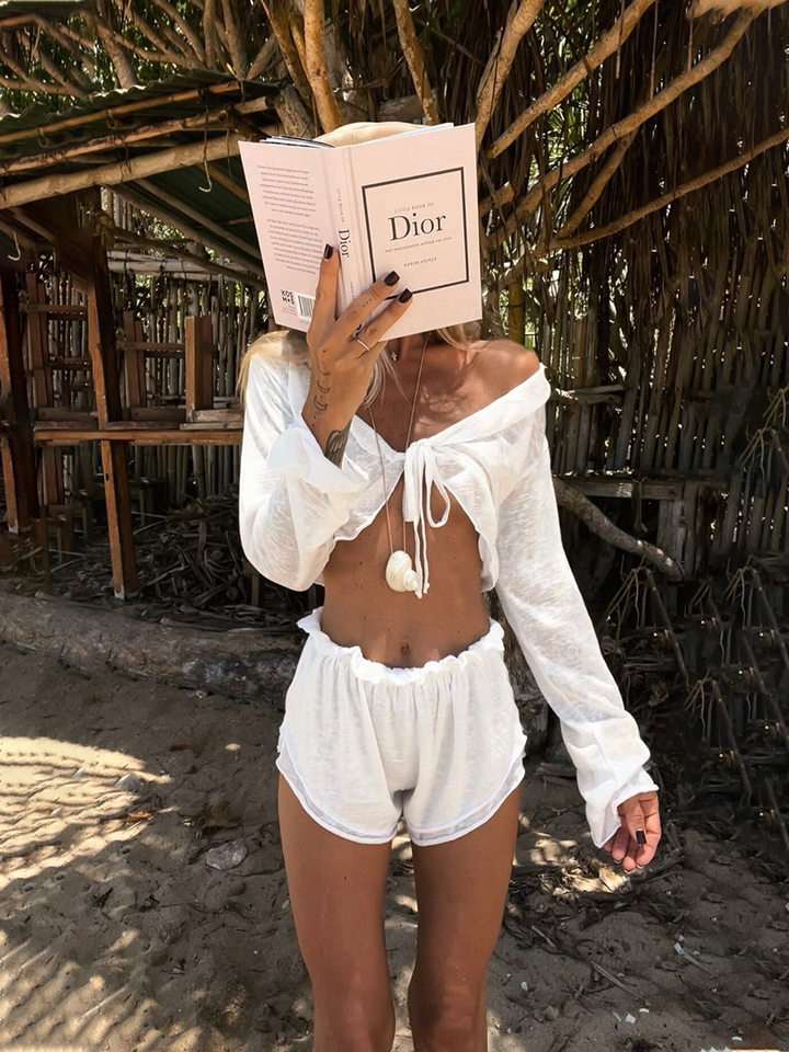 Bộ đồ ngủ nữ áo cardigan thắt dây kèm quần short dệt kim mặc nhà thoải mái — Màu trắng, Màu đen chi tiết 26