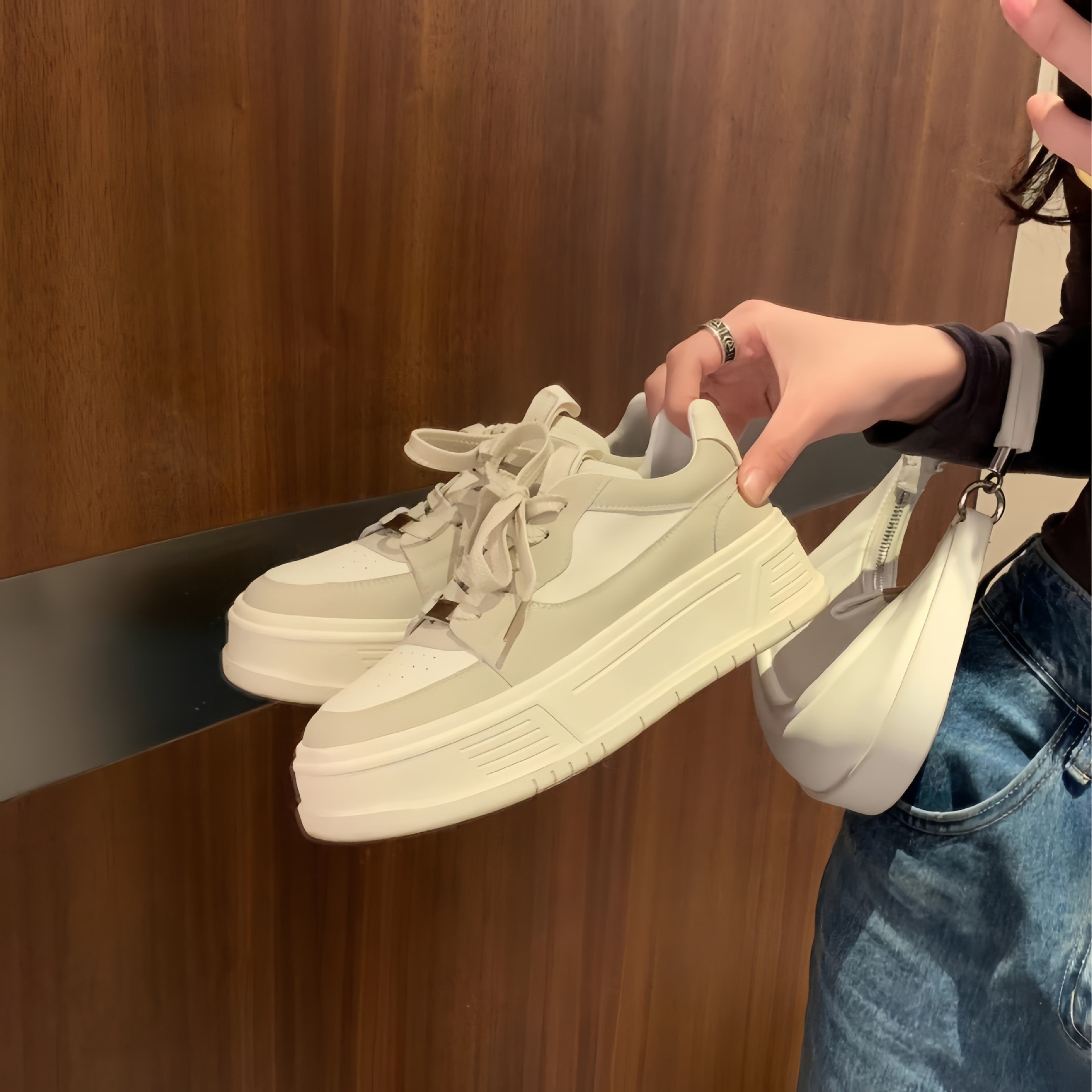 Sheepskin version ~ color matching round toe sneaker breathable clunky sneakers lace-up platform sneakers women's spring and autumn ins leather shoes