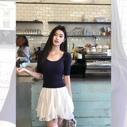 Hot Girl Dark Blue Round Neck Square Neck Short Sleeve Shoulder T-shirt Women's Summer Small Size High Waist Short Style Top 