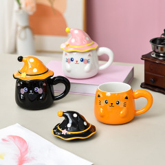 帽子クリエイティブかわいい猫マグカップ蓋付き幽霊カップ女子陶磁器高颜値漫画家庭用コップ