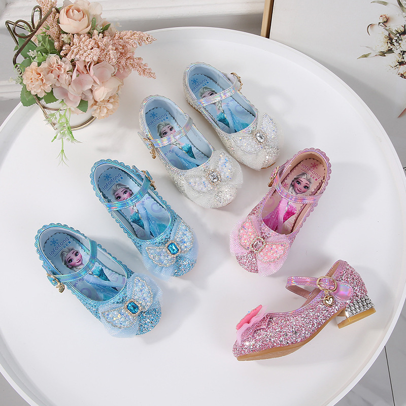 Girls High Heels 2025 New Kidsren's Elsa Crystal Leather Shoes Frozen Princess Shoes Little Girl Performance Shoes