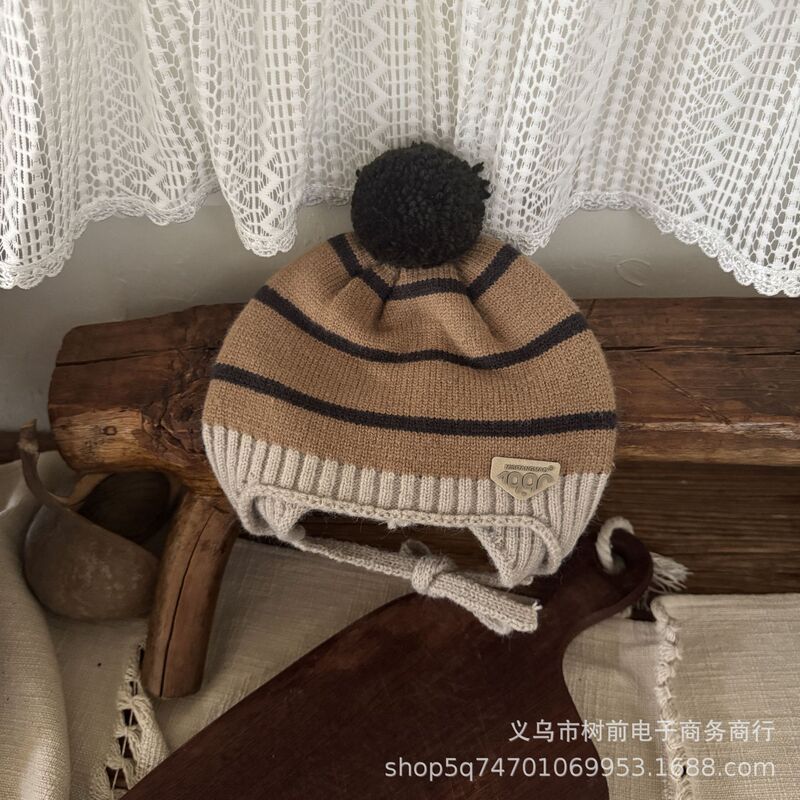 儿童针织帽个性条纹拼色大毛球护耳帽冬季男女童宝宝保暖毛线帽潮|undefined