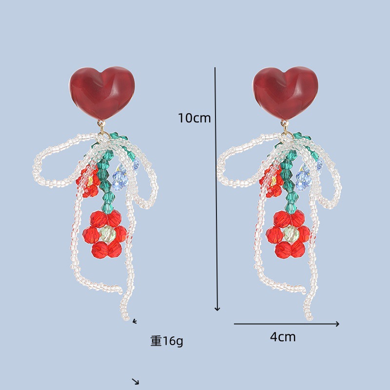 E-269-水晶串珠花朵蝴蝶结爱心耳环图6红色蓝底