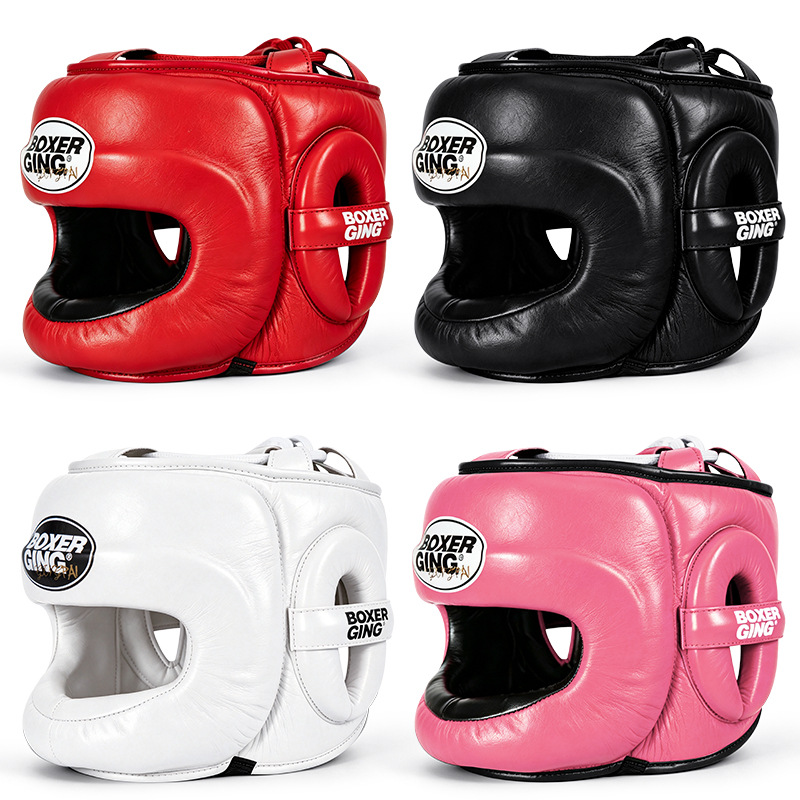 Boxing leather headgear with crossbar, professional fighting Muay Thai closed-style head protector, Sanda training combat nose guard