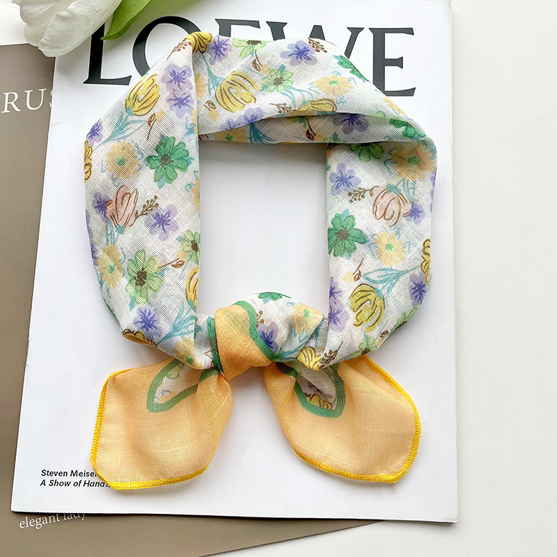 58 algodón y lino pequeña bufanda cuadrada estilo coreano de las mujeres fresco floral artístico elegante todo-fósforo decorativo pequeña bufanda banda de pelo bufanda