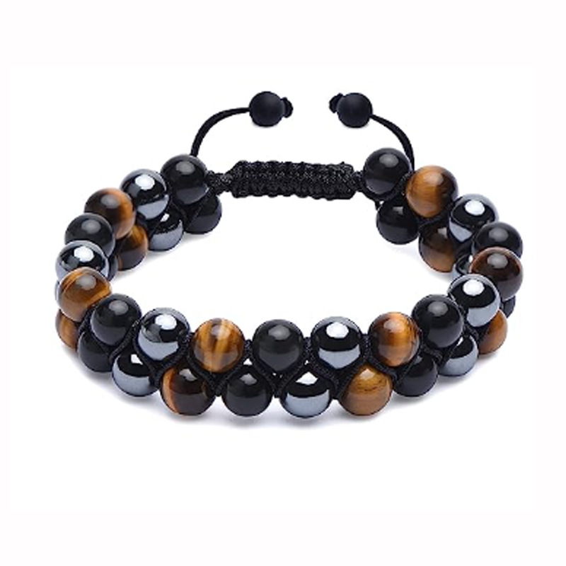 Cross-border Amazon natural Tiger Eye Stone double-layer woven bracelet natural stone bracelet pink crystal African pine Amethyst