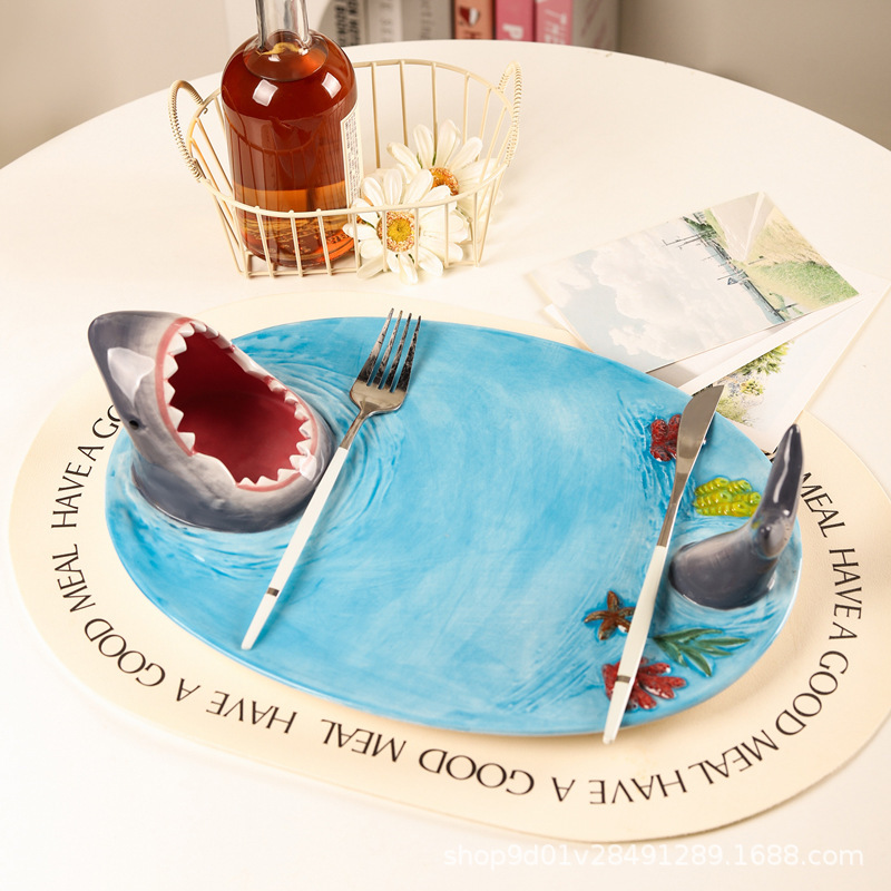 Fun Shark Dumpling Plate Cartoon Creative Household Ceramic Dumpling Sushi Salmon Special Plate with Vinegar Plate