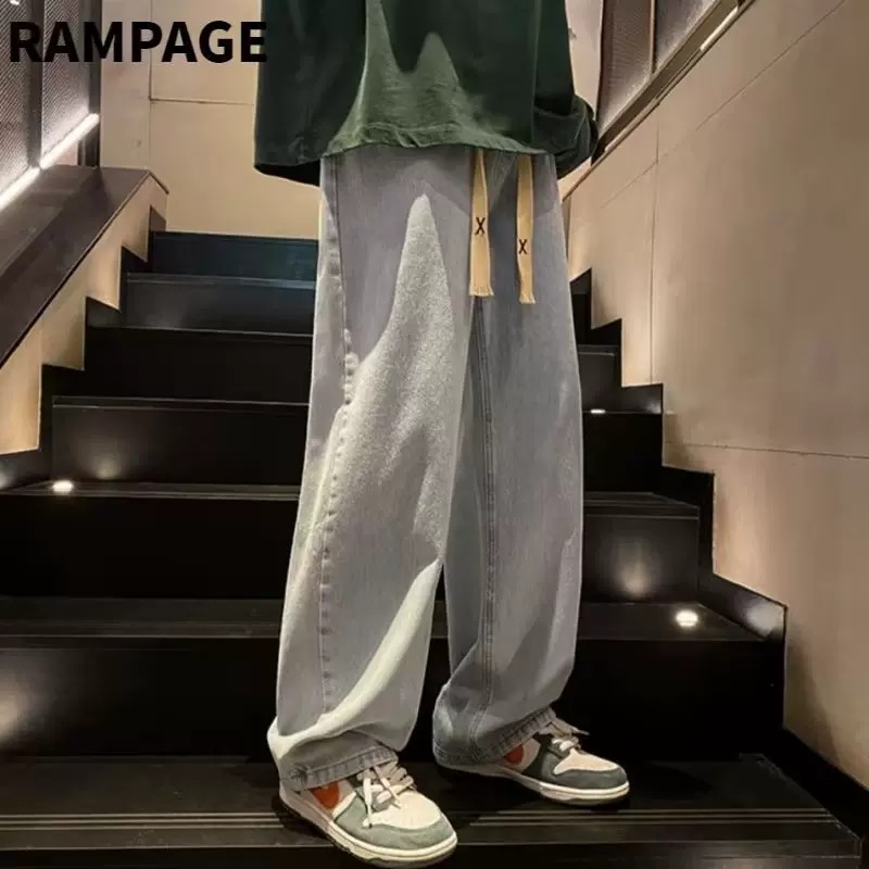 2025新款女牛仔裤水洗复古松紧腰直筒宽松高街百搭潮流大码裤子