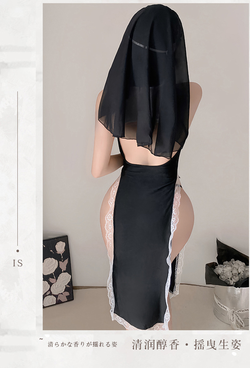 Nun Roleplay Costume Set with Headpiece, Dress and Thong, Sheer Mesh — detail image 6