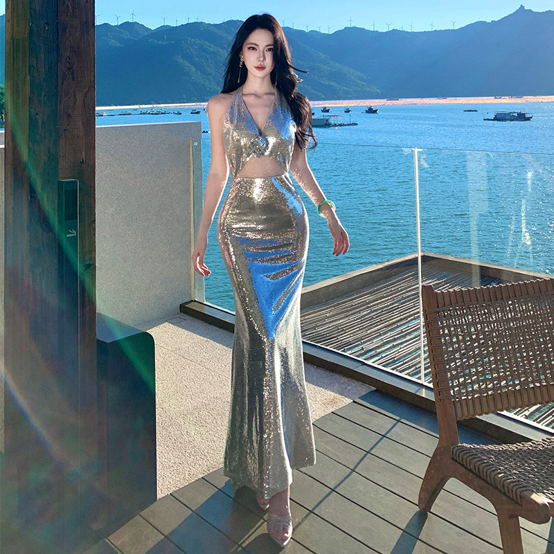 Sequin Sexy Halterneck Sleeveless Dress Women's Waist Slimming High-End Evening Dress Long Skirt Summer