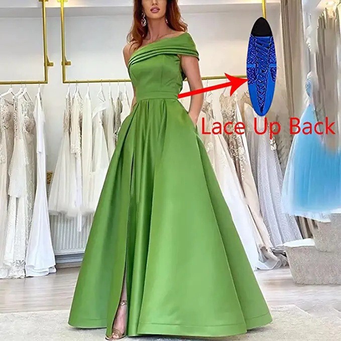 Romantic Party Dress High-End Large Swing Green High Slit Sexy Tutu Skirt One-Shoulder Satin Dress