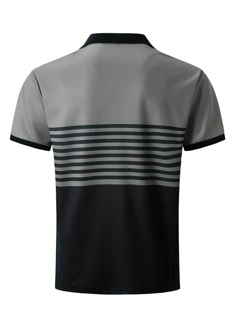 Striped Polo Shirt For Men With Turn-down Collar And Zipper_voghion.com