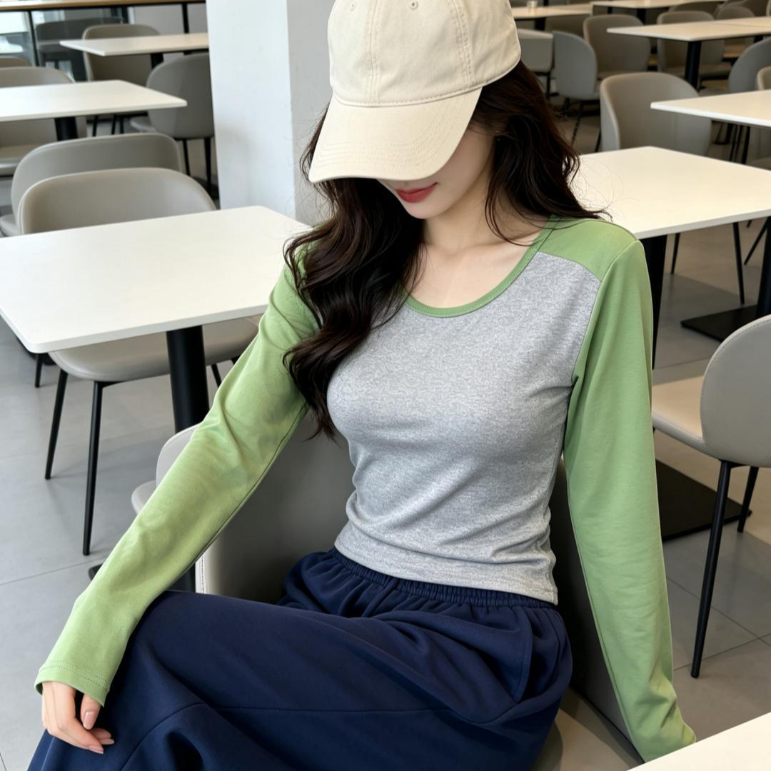 베이스 셔츠 여성의 가을 새로운 캐주얼 콘트라스트 컬러 내탑 여성용 슬림핏 슬리밍 스위트 스파이스 걸의 긴팔 티셔츠