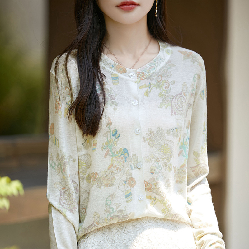 25 Years New Women's Water Soluble Wool Crewneck Cardigan Printed Design Lightweight and Comfortable Single-breasted Long-sleeved Jacket