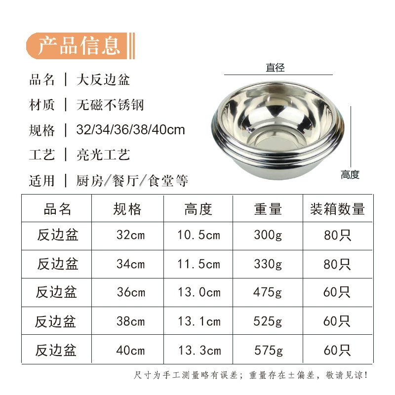 201 stainless steel soup basin, non-magnetic stainless steel basin, thickening and deepening, school canteen, hotel restaurant multi-purpose basin wholesale