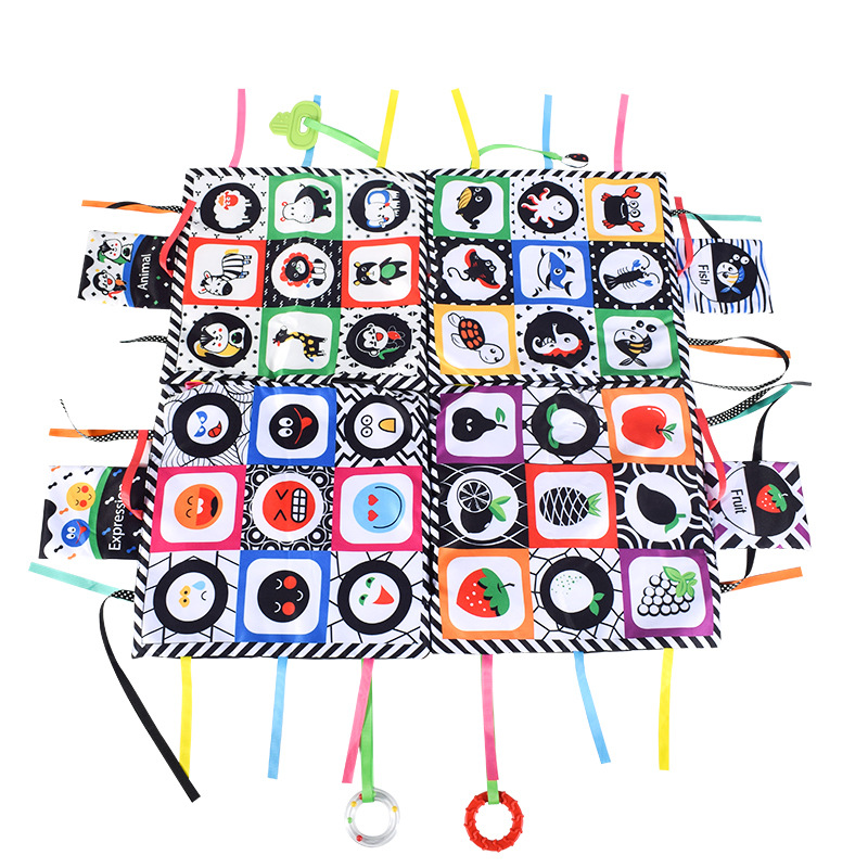 Bebé costura toalla cuadrada libro de tela Visual negro blanco rojo 0-1 años de edad infantil gateando juego estera educación temprana juguete libro de tela