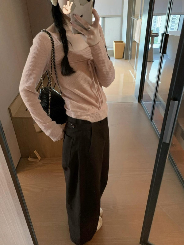 秋季粉色设计感巨好看的长袖上衣女韩系氛围感早秋穿搭针织衫毛衣|undefined