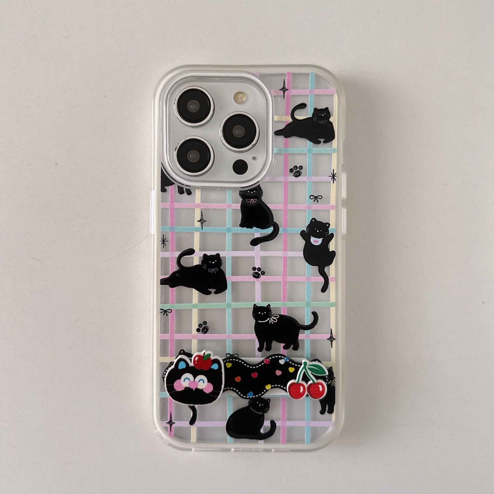 Gato negro a cuadros de color de dibujos animados coreanos para Apple 16ProMax funda para teléfono móvil 15Pro pareja 14/13 nuevo 16