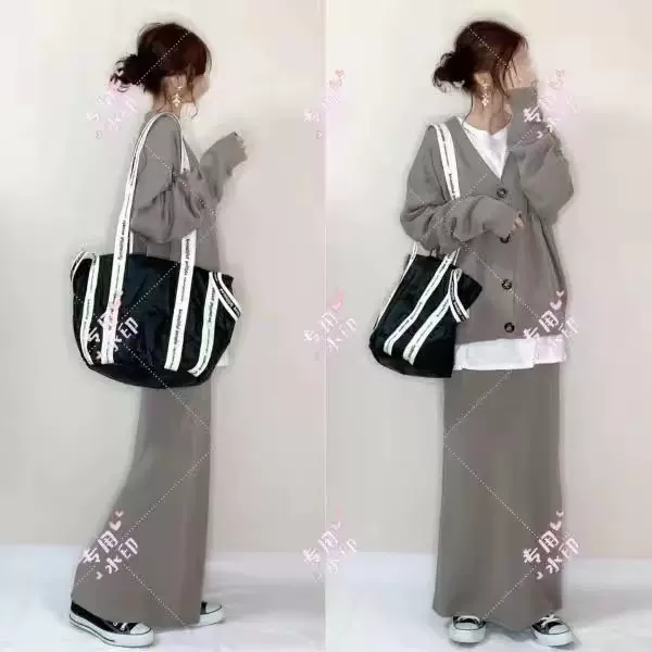 慵懒风软糯灰色V领毛衣开衫外套女秋冬奶系外穿搭宽松针织衫套装