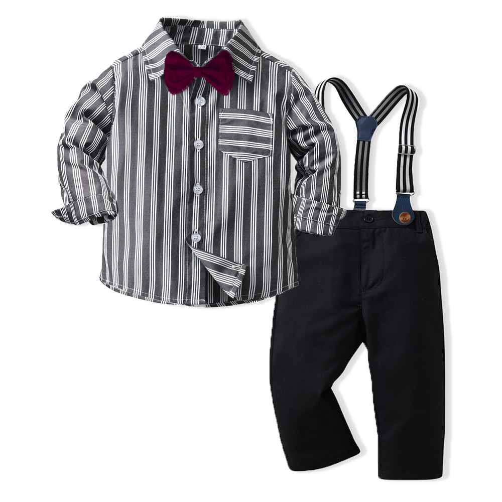 Boys' Autumn Dress Fashionable Baby Handsome Middle School Children's English Stripe Shirt Strap Pants_voghion.com