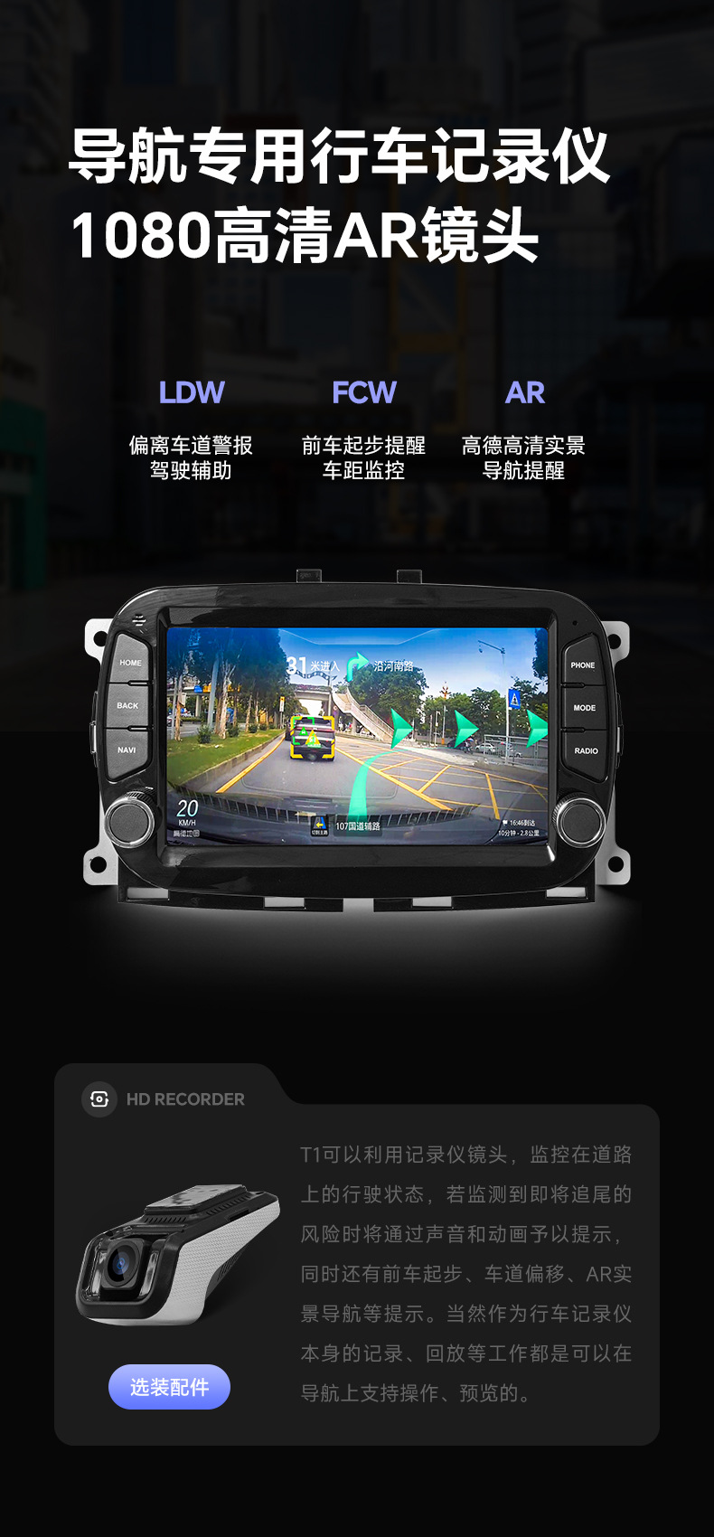 Suitable for Fiat 500, Fiat 7inch GPS car navigation central control screen with dual knobs, CarPlay for Fiat 500