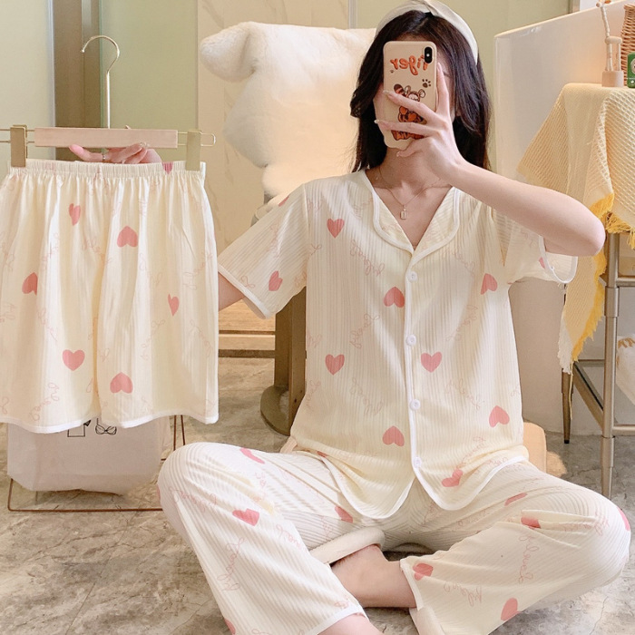 Nuevo estilo pijamas traje de tres piezas de las mujeres pijamas de estilo coreano de verano dulce ins estilo desgaste para el hogar conjunto de tres piezas entrega de una pieza