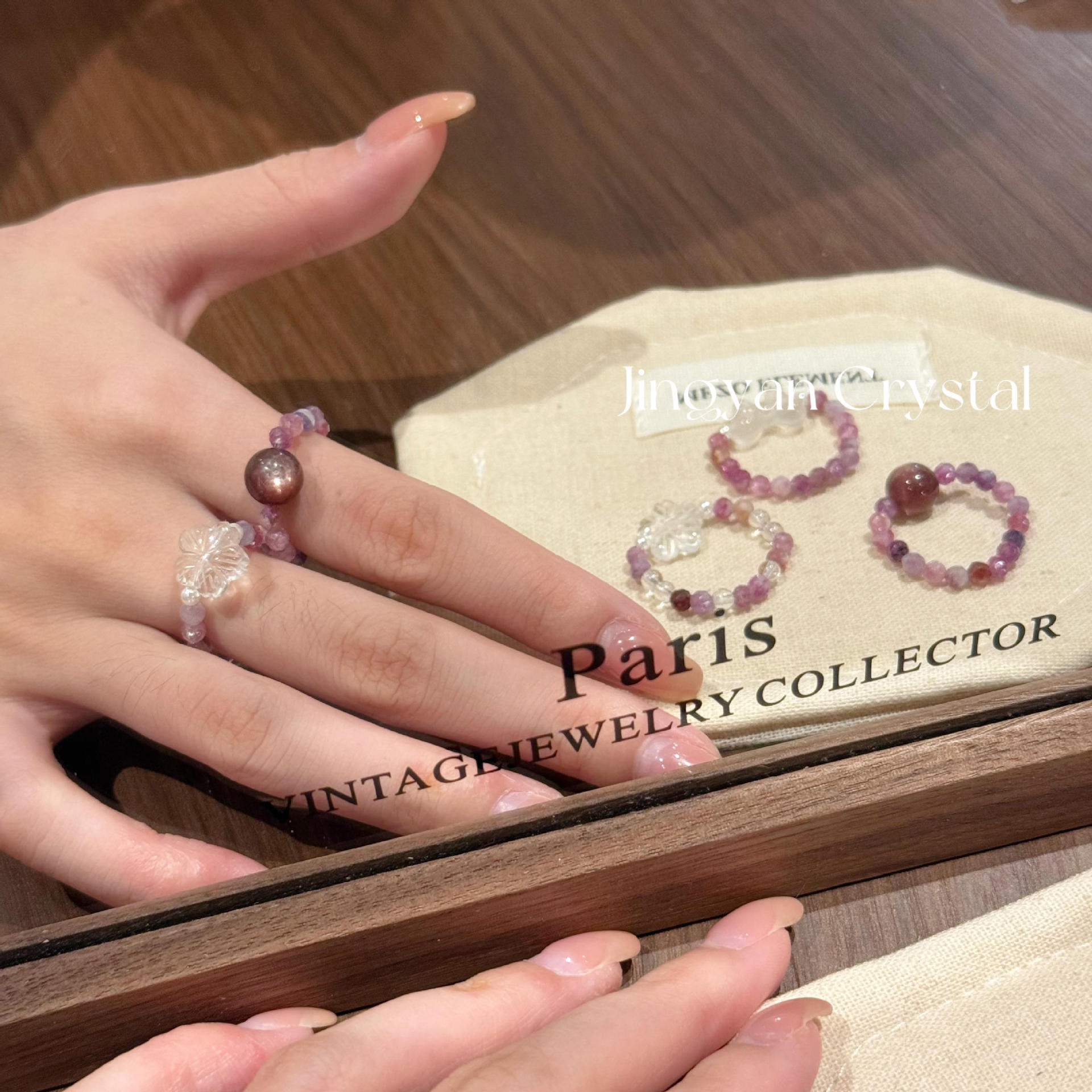 Original design, natural crystal, purple lithium mica, diamond-cut agate, white crystal, makes skin look fairer, fashionable, versatile, wholesale ring for women