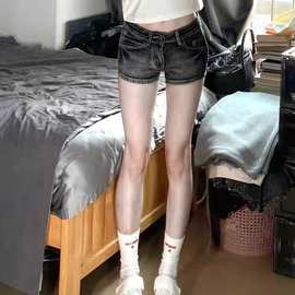 A801#【非实拍】美式复古辣妹牛仔短裤女烟灰色低腰a字小个子包臀