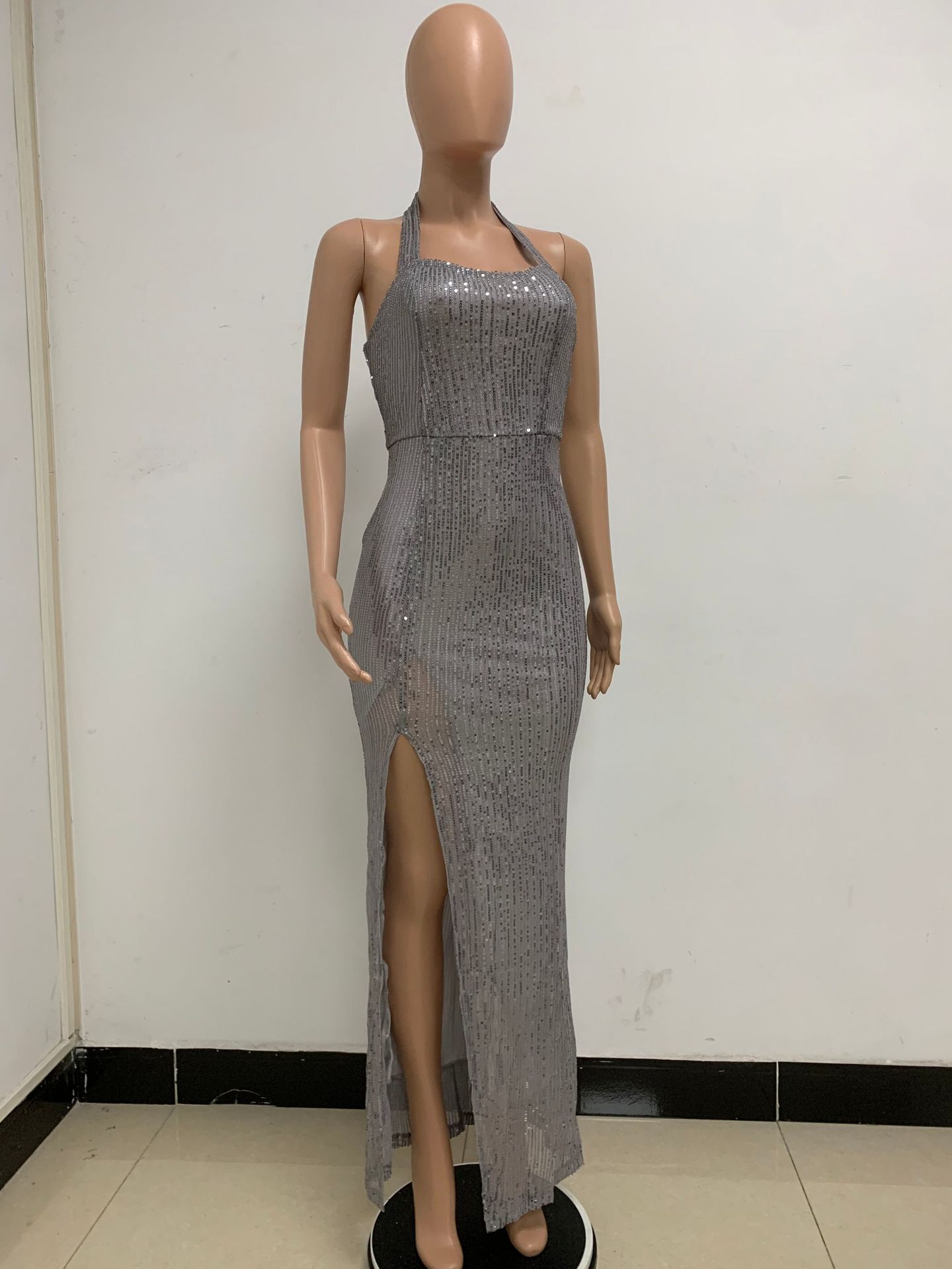 350g Weight Maxi Long Dress Dress Length Type Sleeveless Sleeve Length Party Dress Dresses Type Spandex, Polyester Fabric Type High Waist Waist Line Banquet, Party Occasion Halter Neck Neckline Slim Fit Type Solid Color Pattern Summer, Spring, Autumn Season Women's Gender Sequins Design Elegant, Sexy Style Wholesale Women's Elegant Sexy Sequins Solid Color Banquet Party Halter Neck Sleeveless Party Dress 56