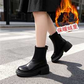 黑色英伦风粗跟马丁靴女2026秋冬季新款小个子增高加绒保暖小短靴