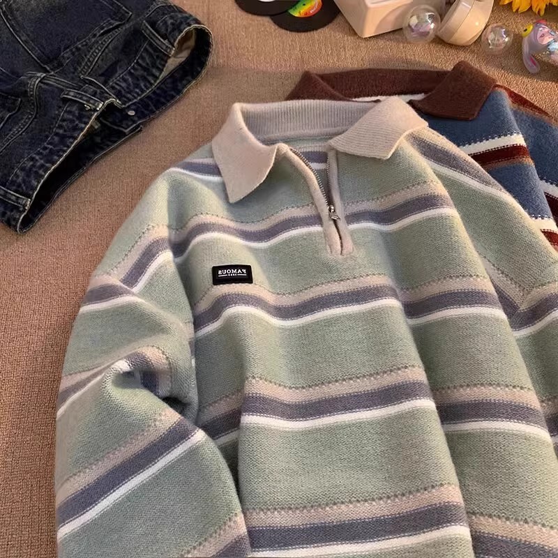 Japanese Retro Striped Half-Zip Polo Collar Sweater for Men and Women, Winter Loose Lazy Style Niche Design Top