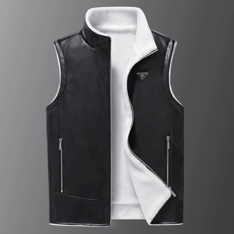 Осенне-зимний жилет с воротником-стойкой, мужской модный утолщенный меховой универсальный теплый жилет на флисовой подкладке, верхняя одежда без рукавов, кожаная куртка