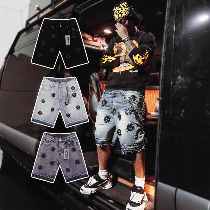 American Trendy Brand Godspeed Street Ripped Jeans with Leather Embroidered Letters Logo Washed Denim Shorts for Men