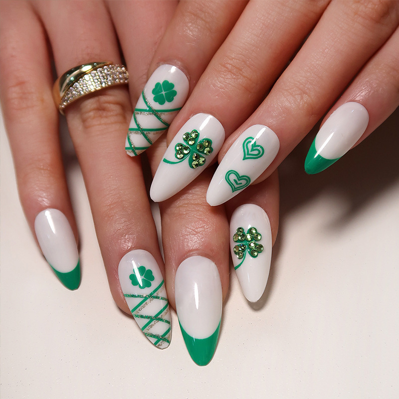 Wear Nails St. Patrick's Day Manicure Green Rhinestone Heart Four-Leaf Clover Nail Press on Nail