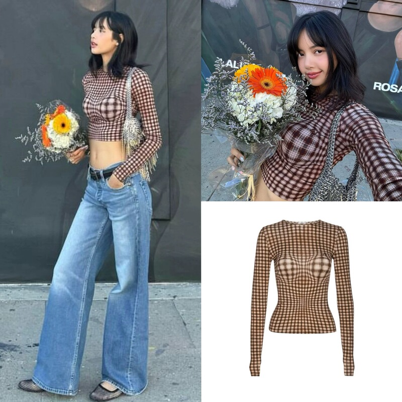 High version lisa with niche design "visual cup" brown check crew neck long sleeve jacket base